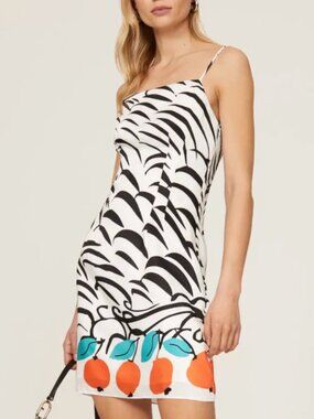 STAUD Black & White Slip Dress with Orange Fruit Print